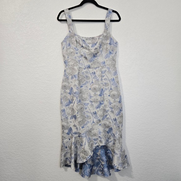 JJ's House Floral Midi Mermaid Dress Blue Silver Sleeveless Fit & Flare Party - Picture 1 of 6